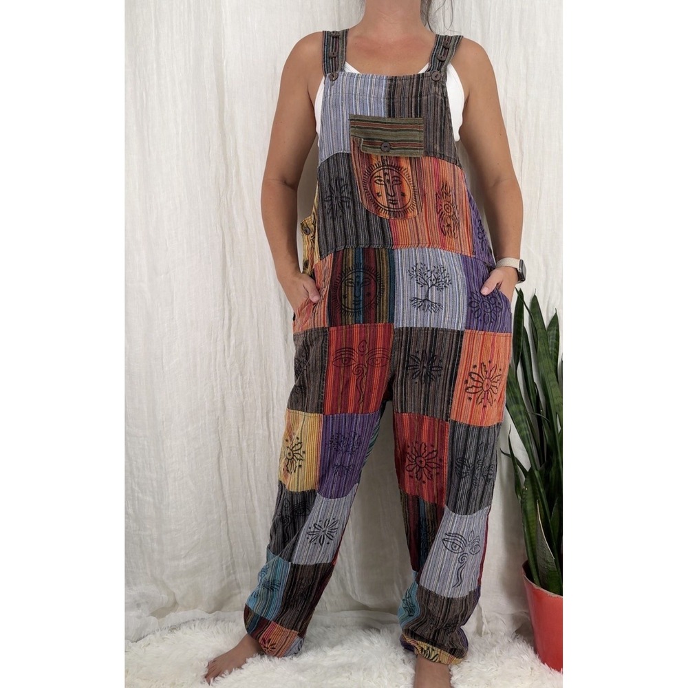 Rising International Patchwork Overalls Women L Boho Indie Celestial Hippie 90s